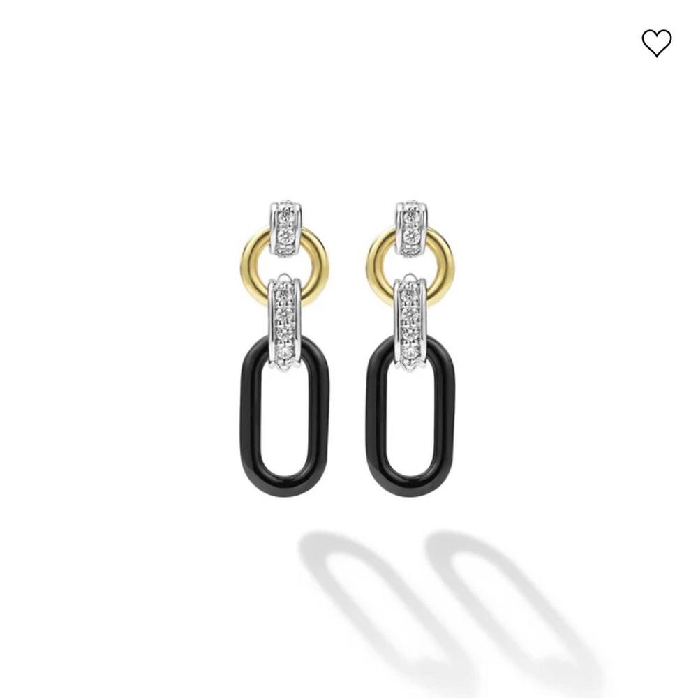 Lagos 18k Gold Small Black Ceramic Diamond Sterling Silver Link Drop Earrings
